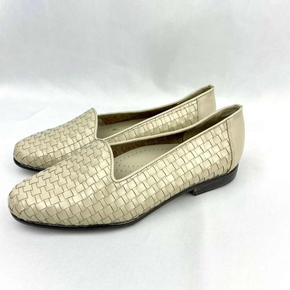 Trotters Women Liz Loafers Flats Beige Woven Leather Slip on Shoes Size 8